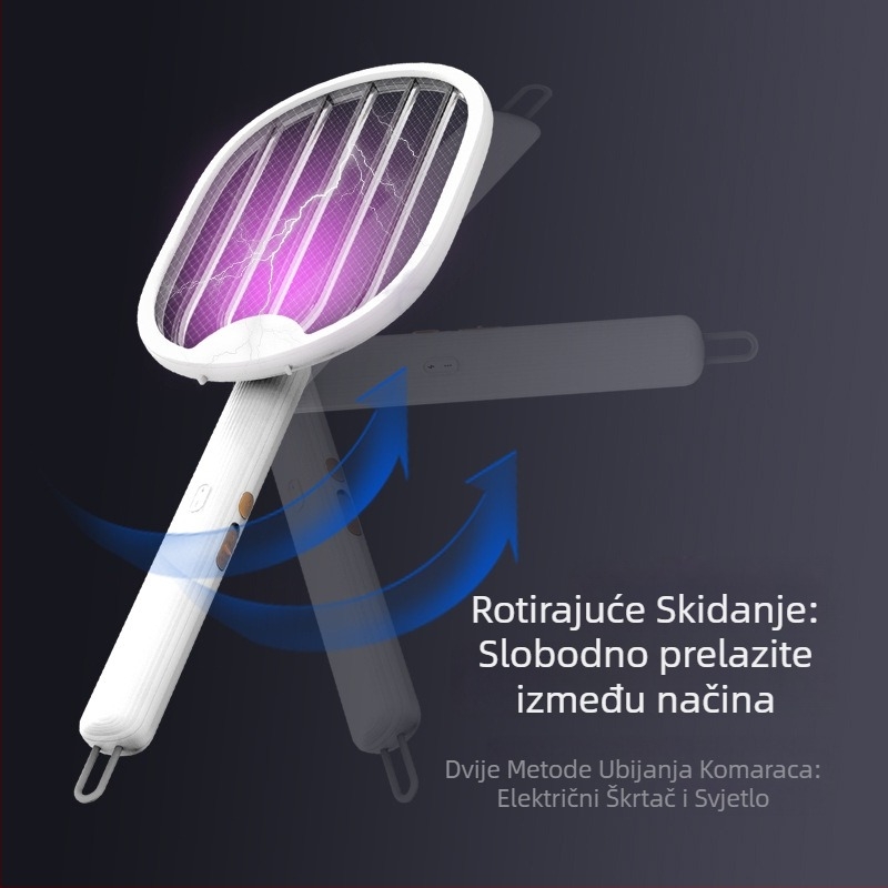 Električna raketa za komarce i lampica – Dvostruka funkcija, Sklopiva 0–180°, Punjiva za 2 sata, Ugrađena baterija 500 mAh, LED svjetlo