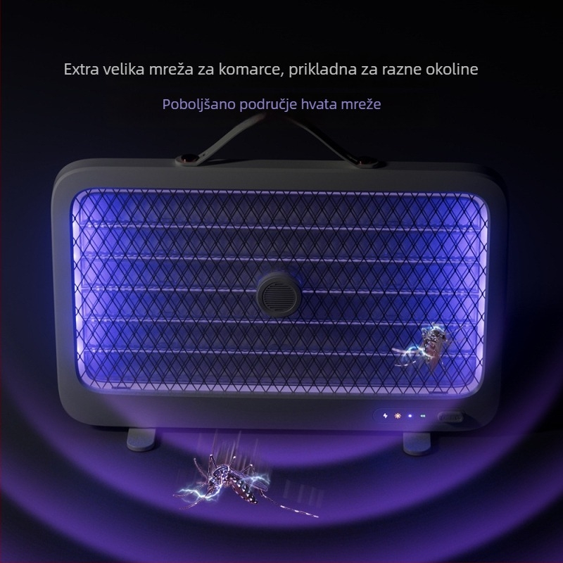 Unutarnja punjiva lampa za ubijanje komaraca s hvatanjem i električnim šokom – pokrivenost 61㎡, ugrađena baterija 1001–1600mAh, LED svjetlo, uvijek uključena, tih način