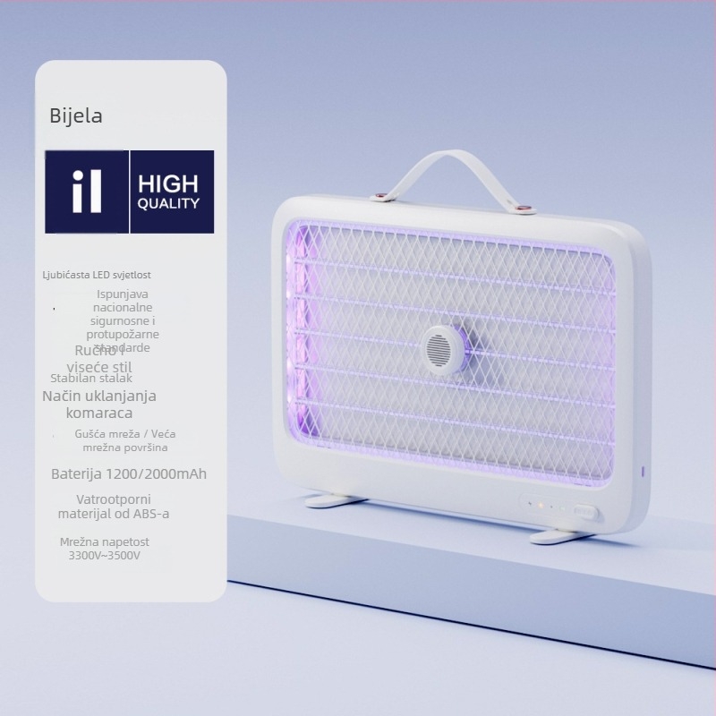 Unutarnja punjiva lampa za ubijanje komaraca s hvatanjem i električnim šokom – pokrivenost 61㎡, ugrađena baterija 1001–1600mAh, LED svjetlo, uvijek uključena, tih način