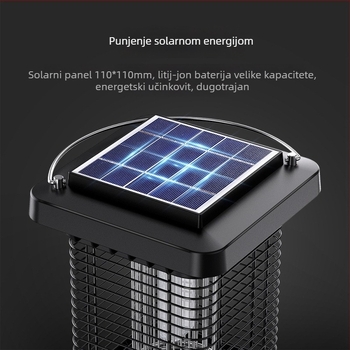 Lampa za ubijanje komaraca sa solarnim napajanjem, UV svjetlom i električnim šokom (21–30㎡, ugrađena baterija 2001–2500mAh, DC 1300V mreža, ABS kućište, mreža od nehrđajućeg čelika)