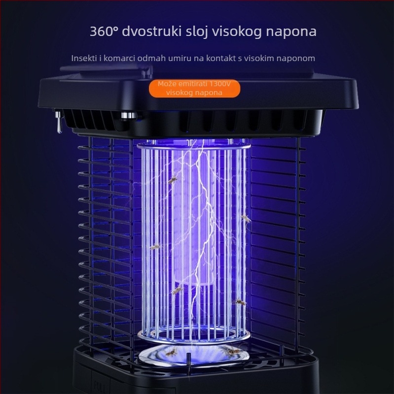 Lampa za ubijanje komaraca sa solarnim napajanjem, UV svjetlom i električnim šokom (21–30㎡, ugrađena baterija 2001–2500mAh, DC 1300V mreža, ABS kućište, mreža od nehrđajućeg čelika)