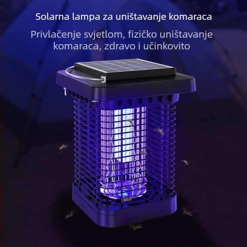 Lampa za ubijanje komaraca sa solarnim napajanjem, UV svjetlom i električnim šokom (21–30㎡, ugrađena baterija 2001–2500mAh, DC 1300V mreža, ABS kućište, mreža od nehrđajućeg čelika)