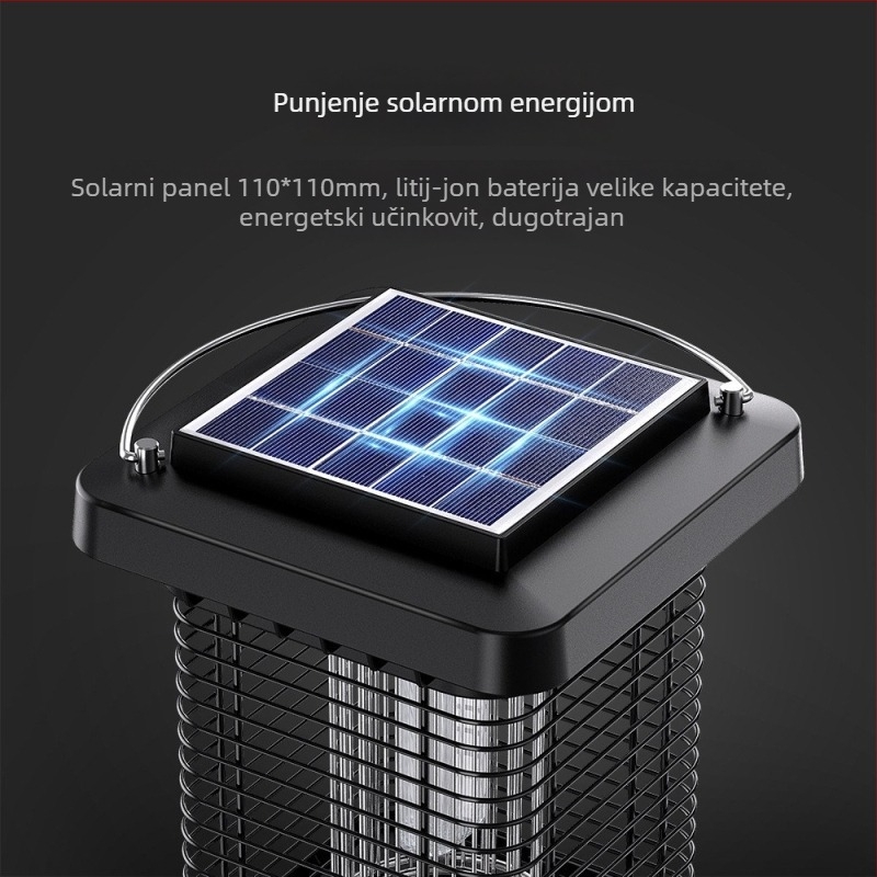 Lampa za ubijanje komaraca sa solarnim napajanjem, UV svjetlom i električnim šokom (21–30㎡, ugrađena baterija 2001–2500mAh, DC 1300V mreža, ABS kućište, mreža od nehrđajućeg čelika)