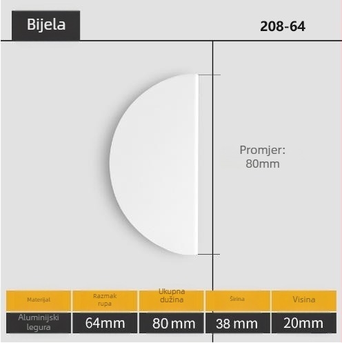 Dva polukružna ručica za vrata, aluminijska legura, završena sprejom, model 208, modern minimalistički stil