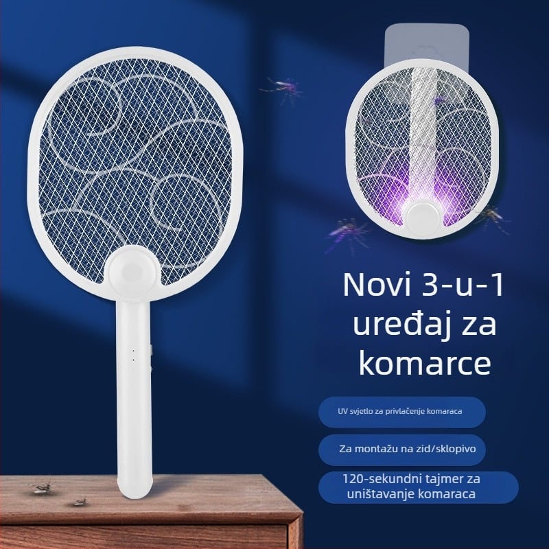 Električni štap protiv komaraca, sklopiv, USB punjenje, ugrađena baterija 1000-1600 mAh, LED svjetlo, aluminijska mreža