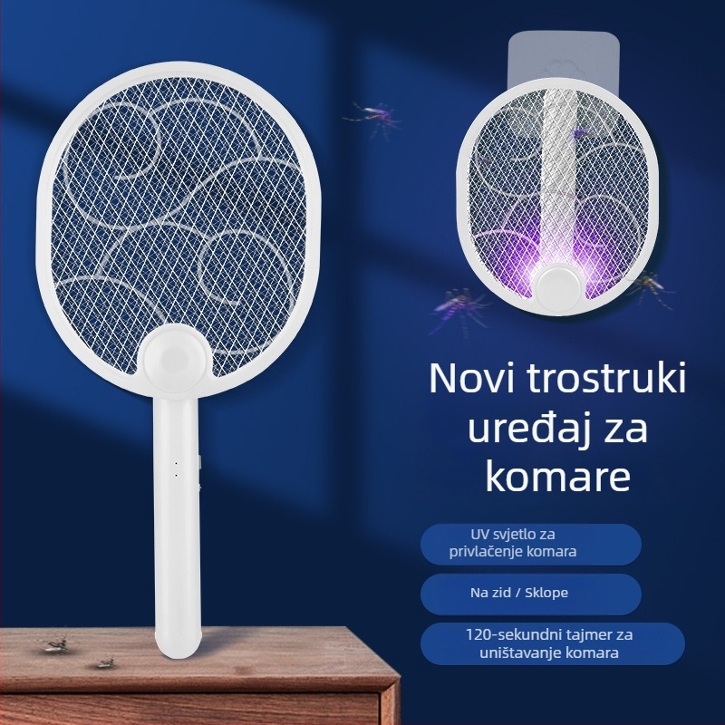 Električni štap protiv komaraca, sklopiv, USB punjenje, ugrađena baterija 1000-1600 mAh, LED svjetlo, aluminijska mreža
