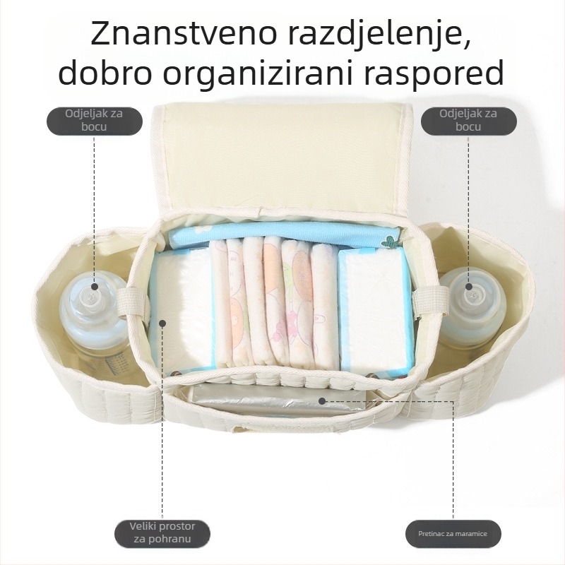 Torba za kolica za bebe s korejskim izvezom na zatvaraču, torba za skladištenje majke i djeteta, poliester, prozračna i ultra lagana, zakrivljeni ramenski pojas