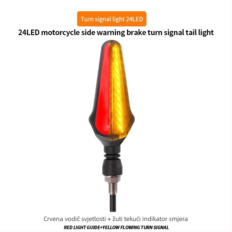 24 LED dvobojni vodilni svjetlo za motocikl s integriranim pokazivačem, dnevnim svjetlom i svjetlom kočnice; model QMW-LS24DG, 2835SMD, 1.2W, 12.8V, vijek trajanja 50000 h