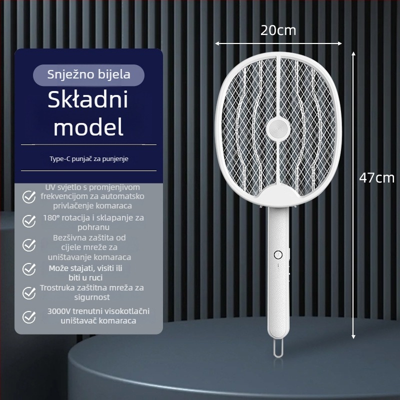 2‑u‑1 električna mreža za komarce: hvatač s LED svjetlom i električni ubijač, ugrađena baterija 1001–1600 mAh, trajanje 12 h+, sklopiva konstrukcija, pokrivenost 21–30 m²