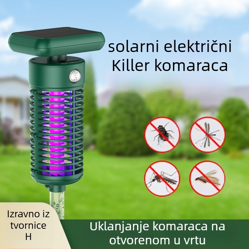Solarna vanjska lampa za ubijanje komaraca s UV svjetlom, električni šok 2000V, pokrivenost do 100 m²