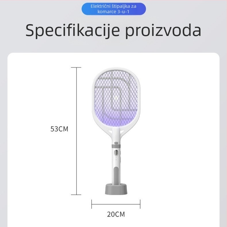 Električna lopatica za komarce 2-in-1 s UV lampom, punjiva, 360° rotacija, baterija 501-800 mAh