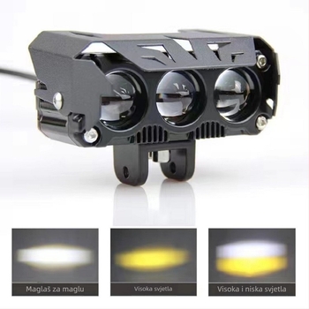 LED reflektor za motocikl s dvobojnim lećem i vanjskim radnim svjetlom – daleki i bliski snop, 60W, 9–60V, model 021, aluminijska legura, 6000K