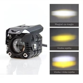 LED reflektor za motocikl s dvobojnim lećem i vanjskim radnim svjetlom – daleki i bliski snop, 60W, 9–60V, model 021, aluminijska legura, 6000K