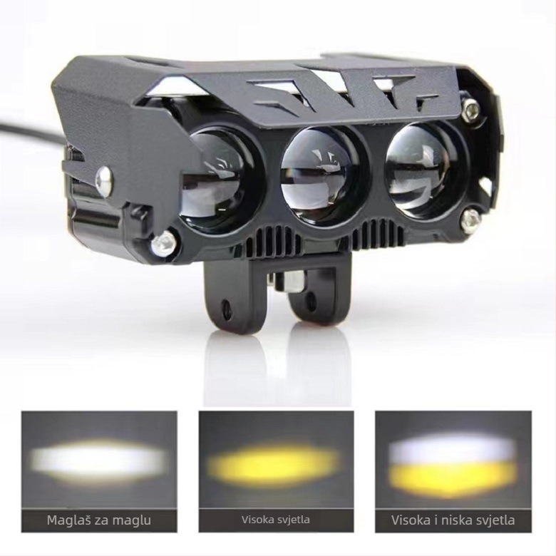LED reflektor za motocikl s dvobojnim lećem i vanjskim radnim svjetlom – daleki i bliski snop, 60W, 9–60V, model 021, aluminijska legura, 6000K
