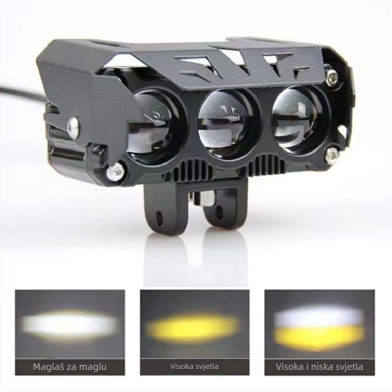 LED reflektor za motocikl s dvobojnim lećem i vanjskim radnim svjetlom – daleki i bliski snop, 60W, 9–60V, model 021, aluminijska legura, 6000K