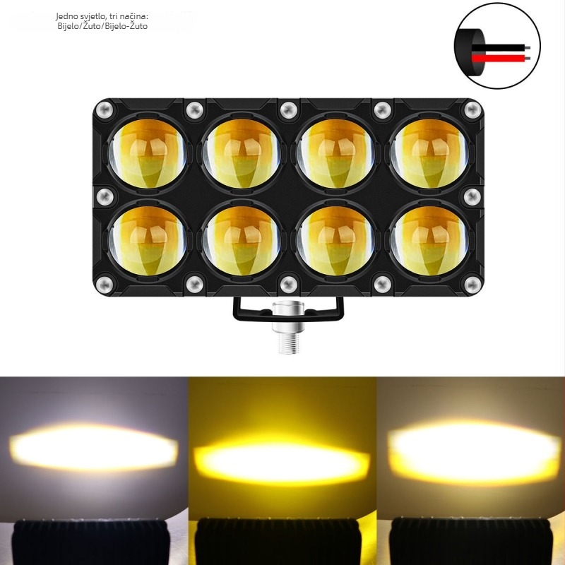 LED prednje svjetlo za električni motocikl, kvadratno, 10 LED, visoko svjetleća leća, modificirano prednje svjetlo, dvobojna bijela i žuta, daljinsko i blisko svjetlo