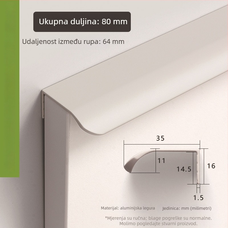 35 mm široka zakrivljena ručka od aluminijske legure za ormar, minimalistički dizajn