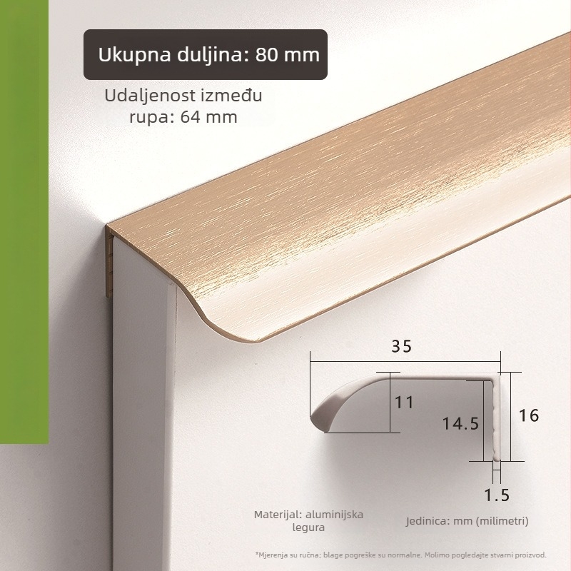 35 mm široka zakrivljena ručka od aluminijske legure za ormar, minimalistički dizajn
