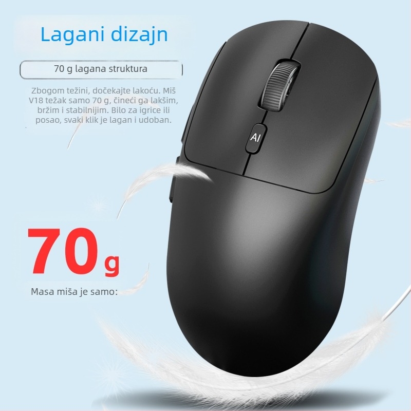 Bežična AI glasovna miša V18 – prijevod glasa i AI asistent (2.4G+Bluetooth, 3500dpi, 3 tipke, USB, domet 10 m)