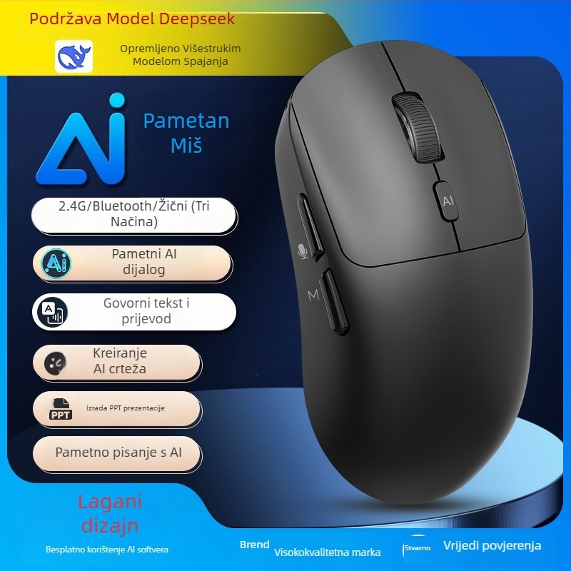 Bežična AI glasovna miša V18 – prijevod glasa i AI asistent (2.4G+Bluetooth, 3500dpi, 3 tipke, USB, domet 10 m)