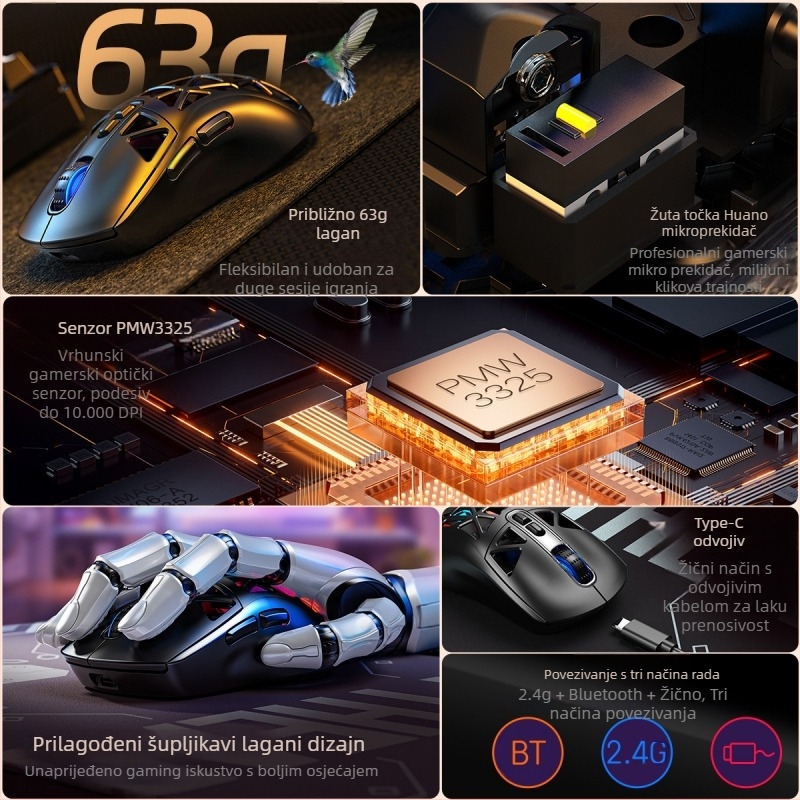 Bežična gaming miš Carving G17, 10000 DPI, 7 tipki, 3-modni spoj (kablovski, Bluetooth, 2.4G), USB sučelje, ergonomski dizajn