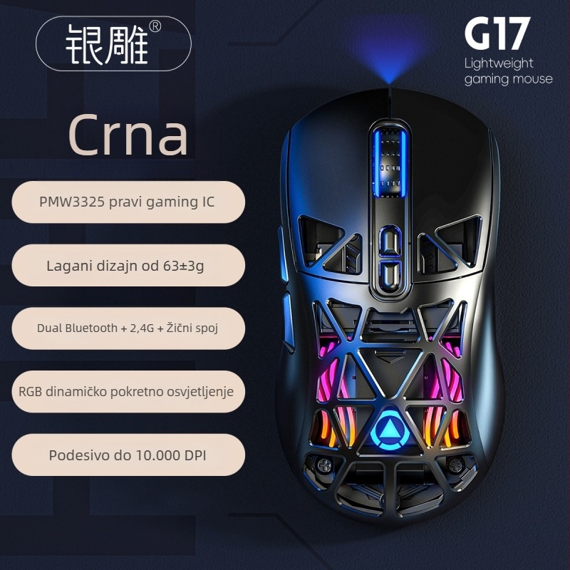 Bežična gaming miš Carving G17, 10000 DPI, 7 tipki, 3-modni spoj (kablovski, Bluetooth, 2.4G), USB sučelje, ergonomski dizajn