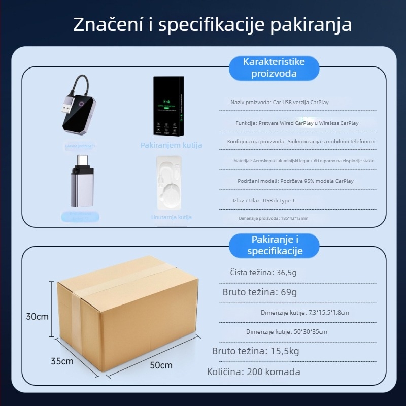 BY960H Android CarPlay Box — Bežični CarPlay adapter, kućište od aluminijske legure + kaljeno staklo 6H, pretvarač s kabela na bežični CarPlay