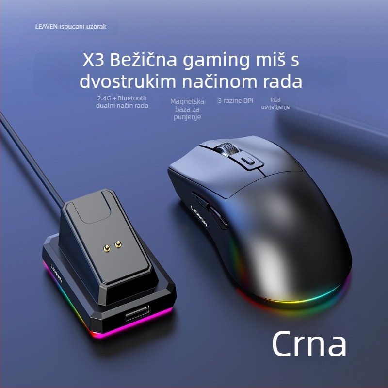 Crack X3 Bluetooth bežični miš s dvostrukim načinom i punjivom dokom, 3200 DPI, 6 tipki