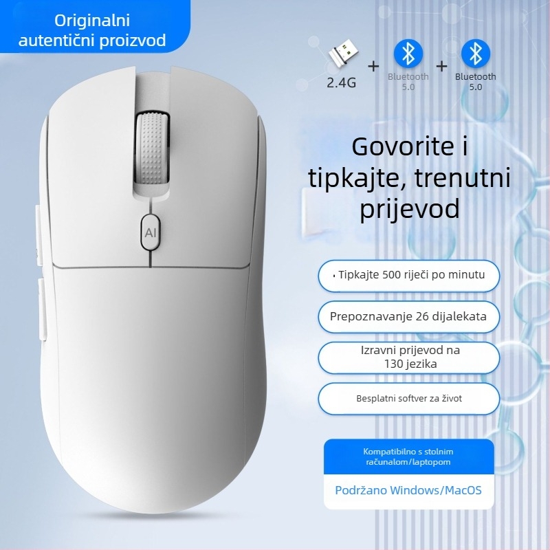 Bežična miša s dvostrukim načinom: Bluetooth + 2,4 GHz, ponovno se puni, DPI 4000, 6 tipki, ergonomski dizajn
