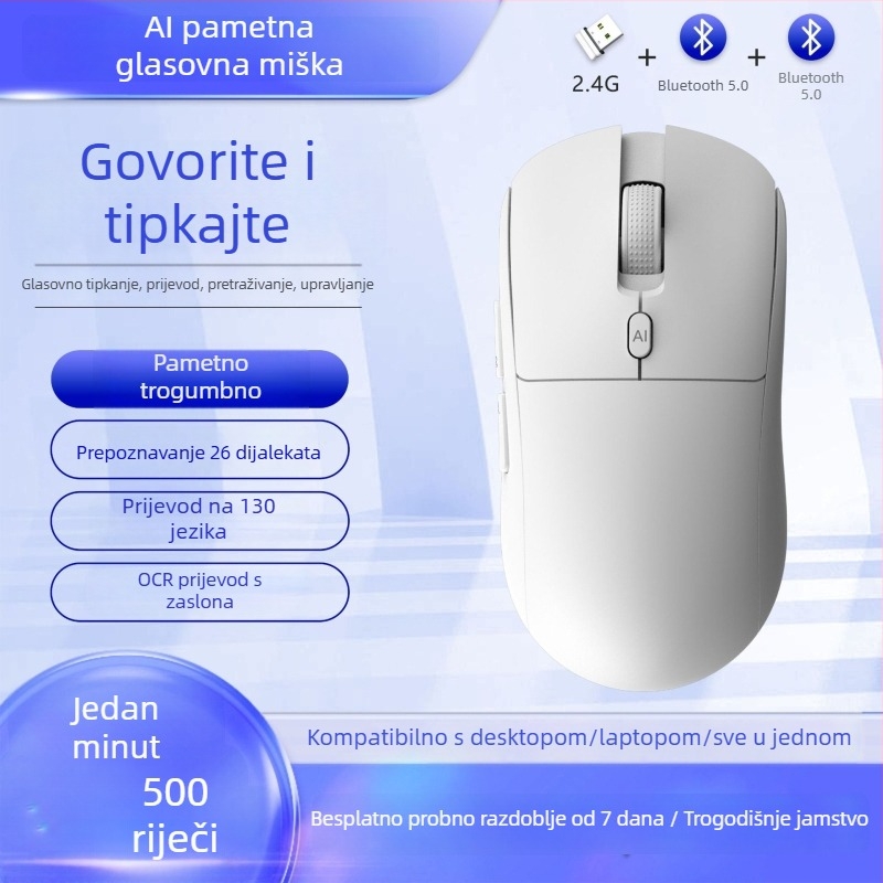 Bežična miša s dvostrukim načinom: Bluetooth + 2,4 GHz, ponovno se puni, DPI 4000, 6 tipki, ergonomski dizajn