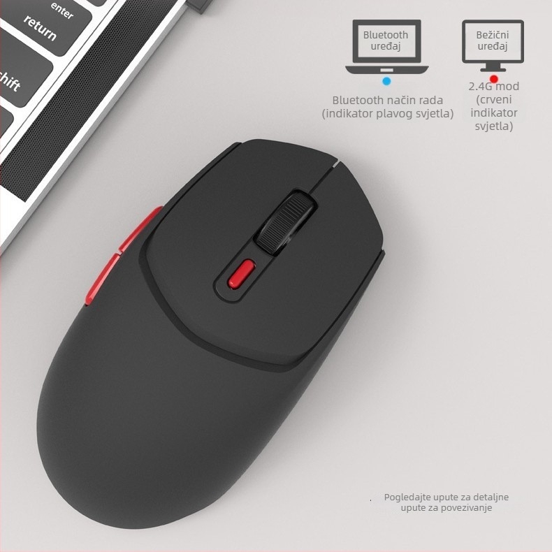Sunrose Jingsheng Little Sun Tiha bežična uredska miša – Bluetooth/2.4G dvostruki režim, 1600 DPI, 6 tipki, Crna, Dimenzije 119×63×38 mm