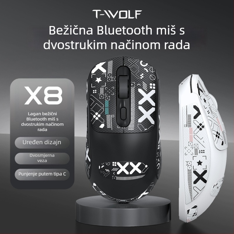 Bežična miška Thunder Wolf X8 za poslovne i gaming potrebe, tih rad, 2.4G/Bluetooth, 4 tipke, 1600 DPI, s naljepnicom protiv klizanja