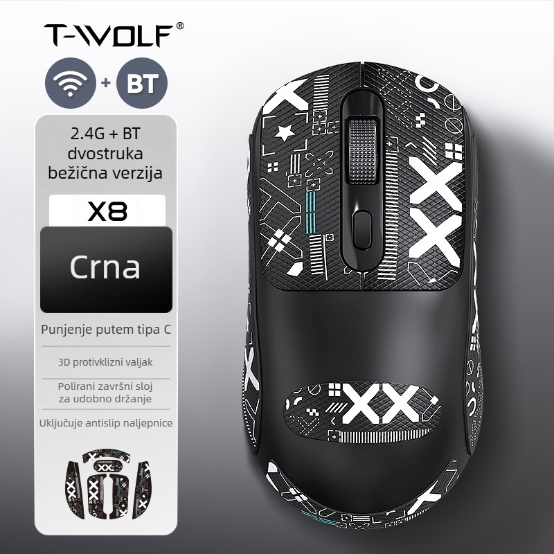 Bežična miška Thunder Wolf X8 za poslovne i gaming potrebe, tih rad, 2.4G/Bluetooth, 4 tipke, 1600 DPI, s naljepnicom protiv klizanja