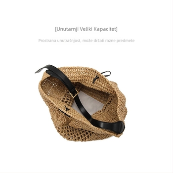 Heklana torba od slame u etničkom stilu, horizontalnog kvadratnog oblika, otvorenog otvora, bez podstava, unutarnja džep za mobitel, jedna naramenica, pogodna za slobodno vrijeme i putovanja