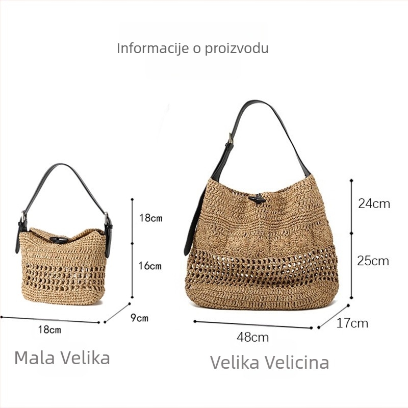 Heklana torba od slame u etničkom stilu, horizontalnog kvadratnog oblika, otvorenog otvora, bez podstava, unutarnja džep za mobitel, jedna naramenica, pogodna za slobodno vrijeme i putovanja