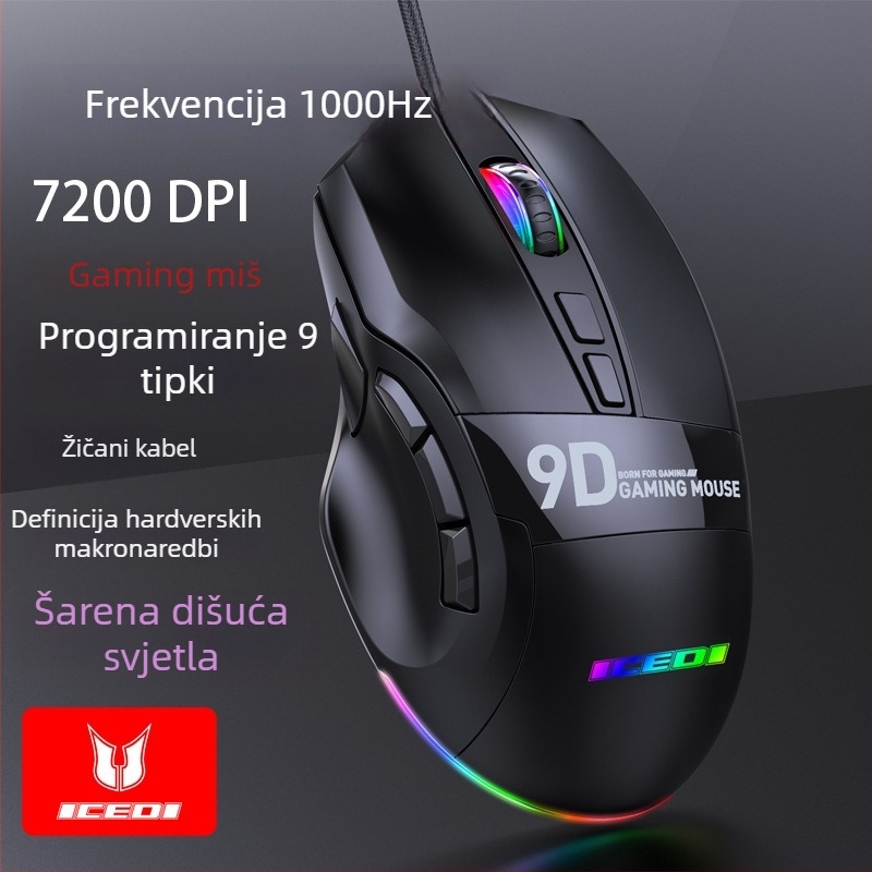ICEDI MD300 gaming miš s 9 tipki makro, podrška upravljača, 7200 DPI, 125–1000 Hz polling frekvencija, RGB rasvjeta