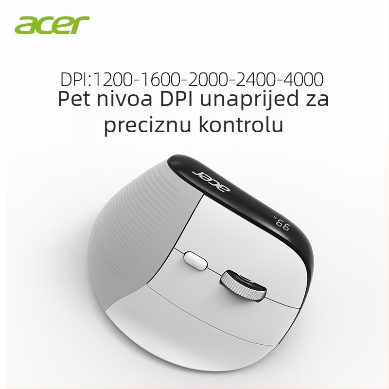 Acer bežična Bluetooth ergonomska vertikalna miška, 7 tipki, tiha, domet 10 m, punjiva baterija