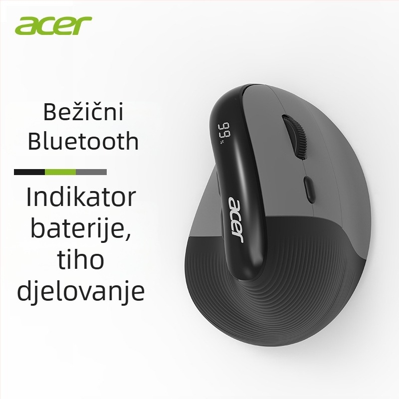 Acer bežična Bluetooth ergonomska vertikalna miška, 7 tipki, tiha, domet 10 m, punjiva baterija