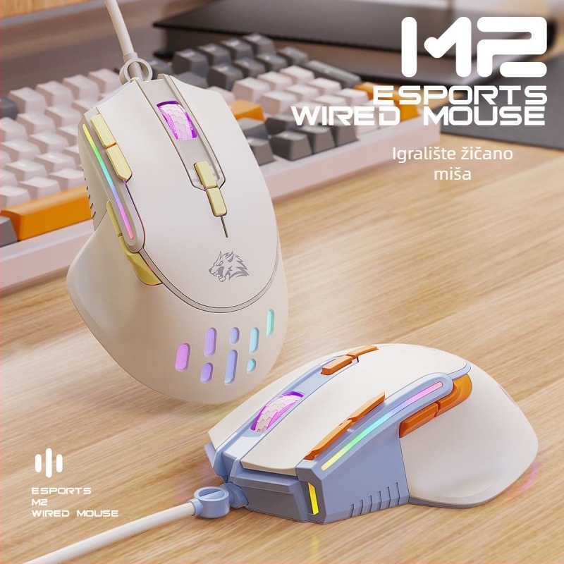 M2 gaming miš s RGB osvjetljenjem, optički USB miš, 2 tipke, 1000 DPI, makro tipka