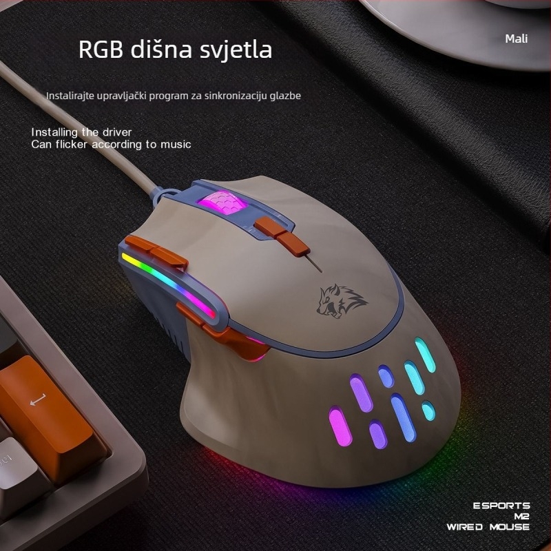 M2 gaming miš s RGB osvjetljenjem, optički USB miš, 2 tipke, 1000 DPI, makro tipka