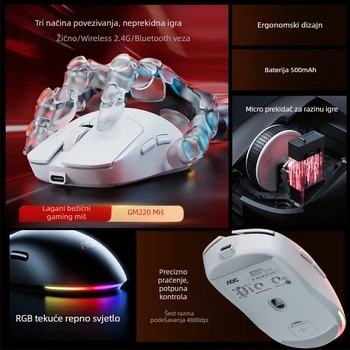 Bežični miš AOC GM220 s dvostrukim Bluetoothom i 2,4 GHz, 4800 DPI, 5 tipaka, USB sučelje, punjiva