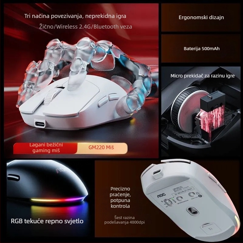 Bežični miš AOC GM220 s dvostrukim Bluetoothom i 2,4 GHz, 4800 DPI, 5 tipaka, USB sučelje, punjiva