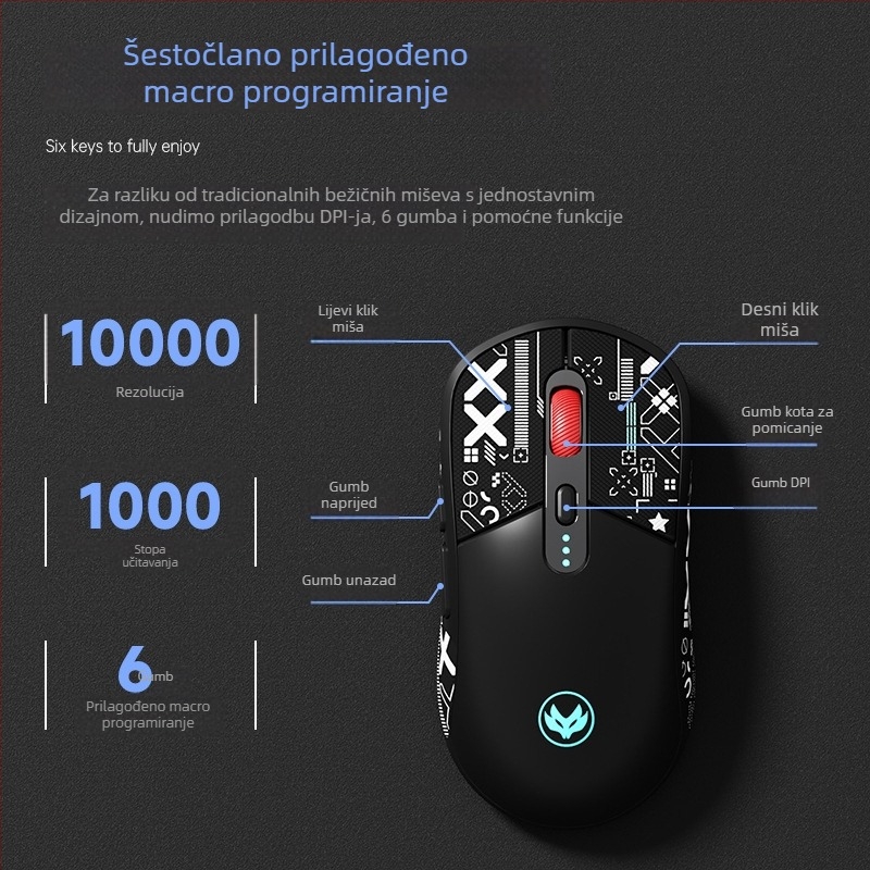 Hot Silver Fox fotoelektrična miš – USB sučelje, 10000 DPI, 6 tipki, žična + 2.4G bežična, punjiva
