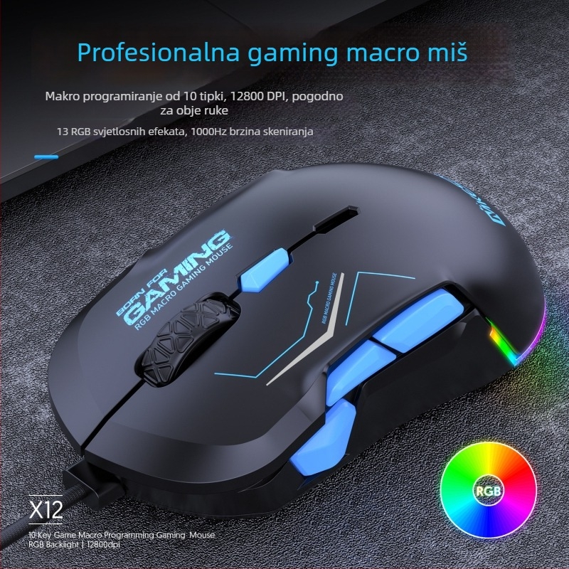 Gaming miš 12800 DPI, 10 tipki, USB kabelski priključak, RGB makro podrška, model X12