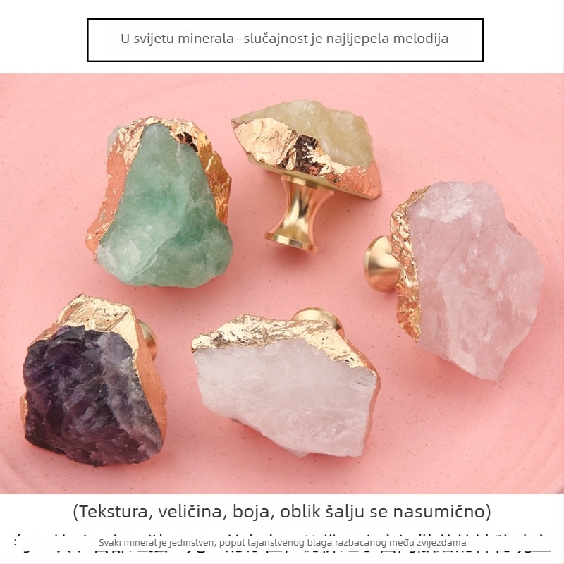 Ručka za ladice i vrata ormarića | Prirodni kristal + mesing | Obrada površine: rezanje, brušenje, elektroplatiranje | Primjena: ladice, vrata ormarića, kukice, dekorativne ručke | Stil: lagani luksuz | Model: tekstura i oblik se nasumično mijenjaju