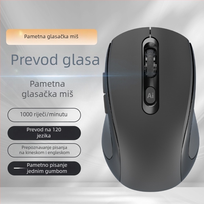 Bežični miš s AI glasovnim upravljanjem, 1200 dpi, 6 tipki, USB sučelje, 2,4 GHz, domet do 10 m