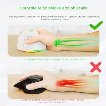 Bežična vertikalna ergonomska miša s dvostrukim načinom (2.4G/Bluetooth), 4000dpi, 9 tipki, punjiva, Bluetooth i 2.4GHz, domet do 10 m