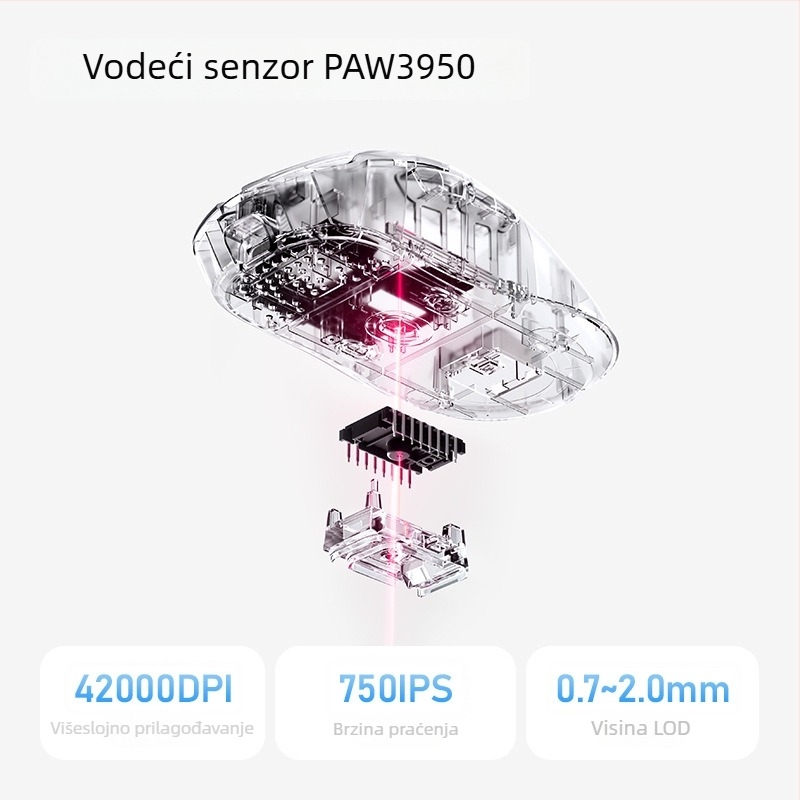 Gaming miš s žičnim i 2,4G bežičnim povezivanjem, PAW3950 senzor, 42000 DPI, ergonomski za desnu ruku
