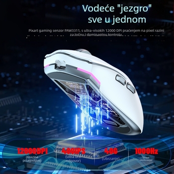 Gaming miš s PAW3311 senzorom, 12000 DPI, tri načina povezivanja: žični, 2.4G i Bluetooth, 1000Hz polling, težina 59 g