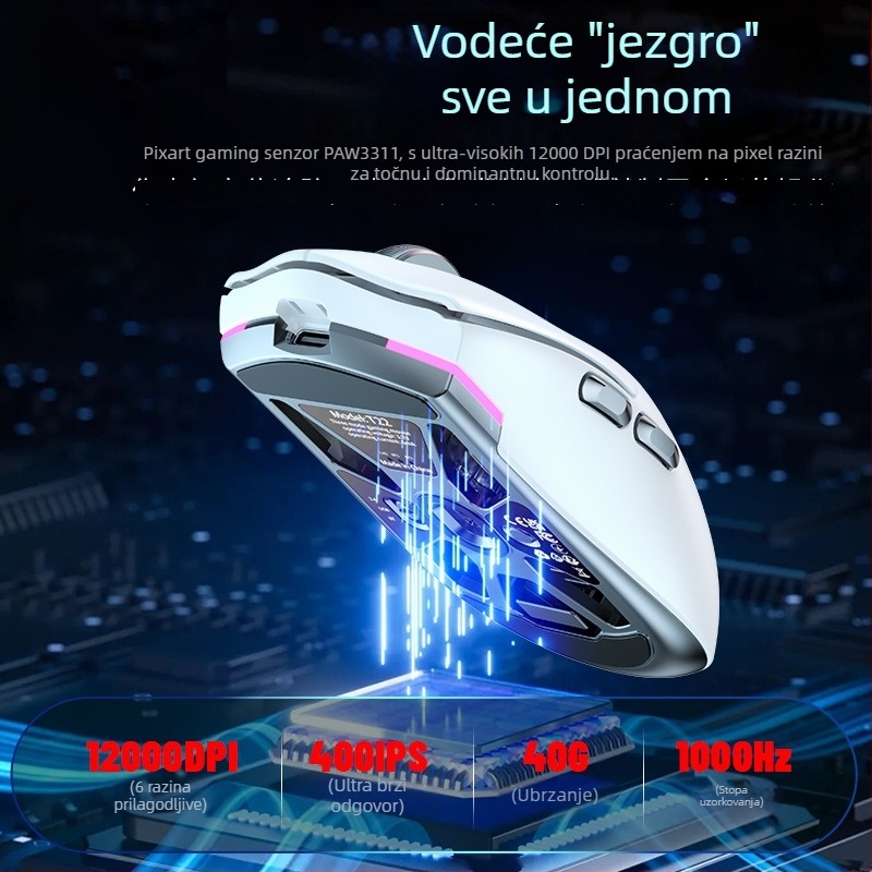 Gaming miš s PAW3311 senzorom, 12000 DPI, tri načina povezivanja: žični, 2.4G i Bluetooth, 1000Hz polling, težina 59 g